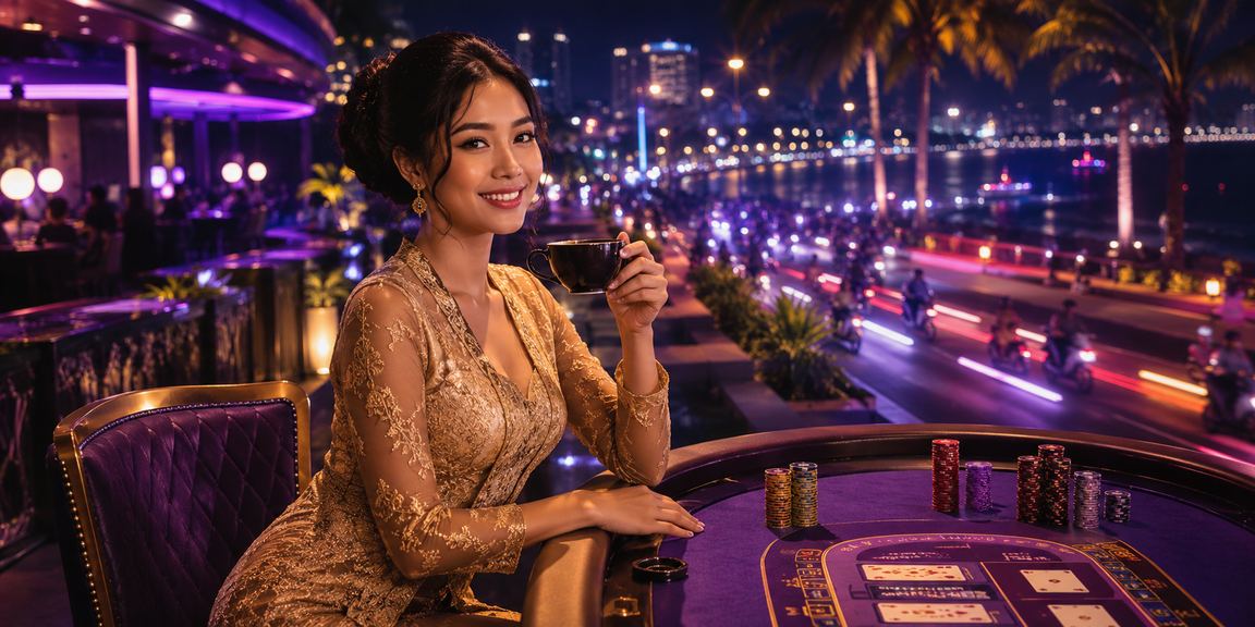 Pemain baccarat menikmati kopi di meja kasino, menggambarkan suasana live casino premium