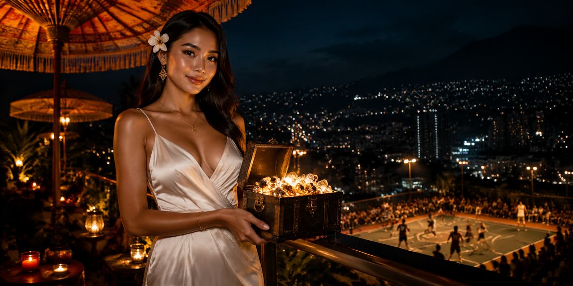 Model perempuan menonton taruhan basket dengan antusias, menggambarkan pengalaman live betting olahraga