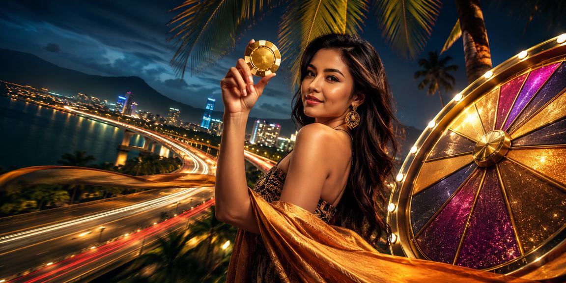 Model berpose di depan layar undian berhadiah, menggambarkan pengalaman bermain menarik di platform kasino